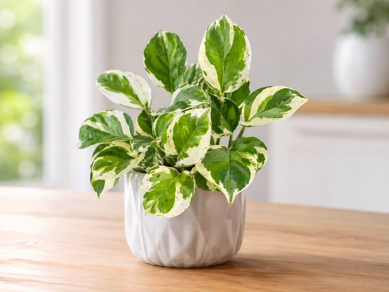 N’Joy pothos plant with green and cream variegated leaves styled in a pot