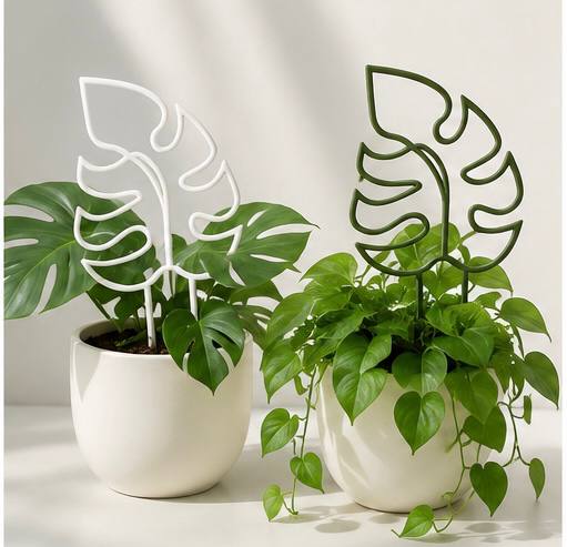 White and green 3D printed plant trellises styled in potted houseplants