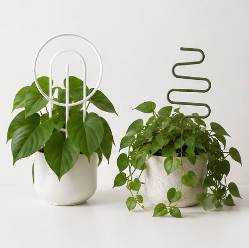 White arch trellis and green wavy trellis styled with small potted houseplants