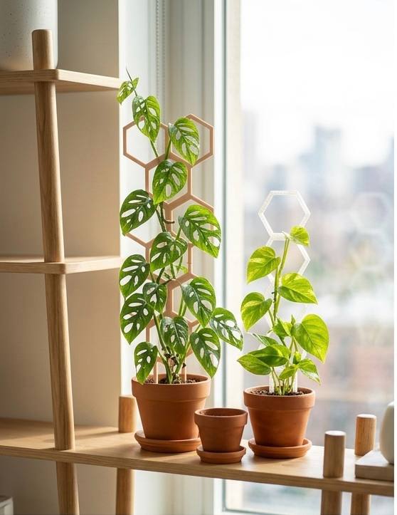 Stackable honeycomb plant trellises styled with potted climbing houseplants on a shelf near a window