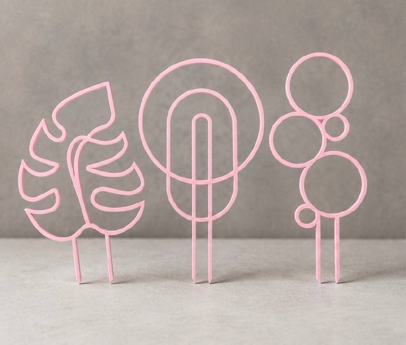 Detroit Plant Mom pink 3D printed plant trellis 3 pack showing monstera leaf, arch, and bubble designs