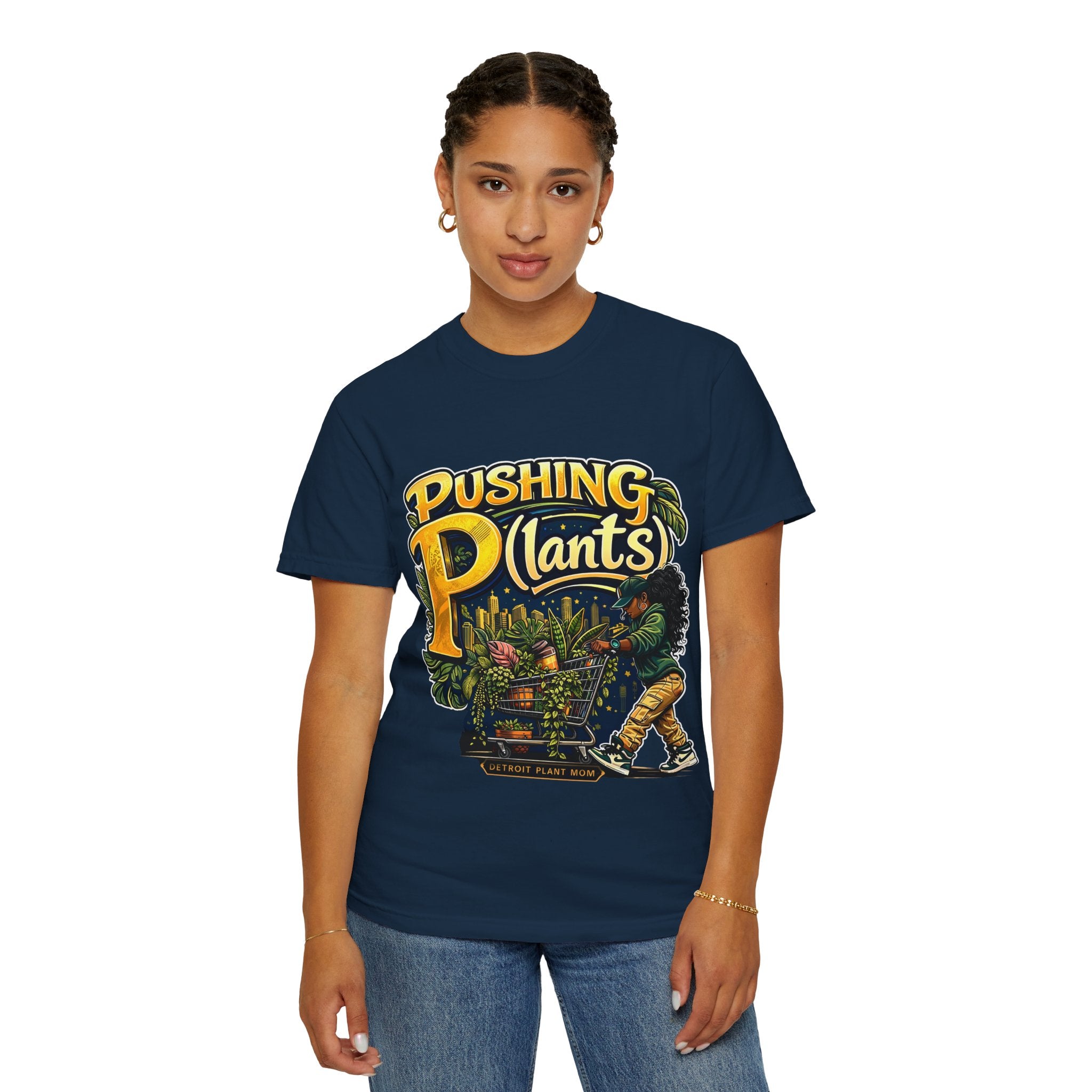 Pushing P(lants) T-Shirt - Melanated Woman Graphic Tee plant lover graphic tee by Detroit Plant Mom - product view 51