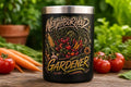 Close-up of Neighborhood Gardener 12 oz black embossed insulated mug