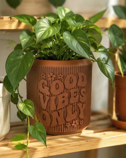 Brown 3D printed Good Vibes Only pot styled with a trailing houseplant on a wooden shelf