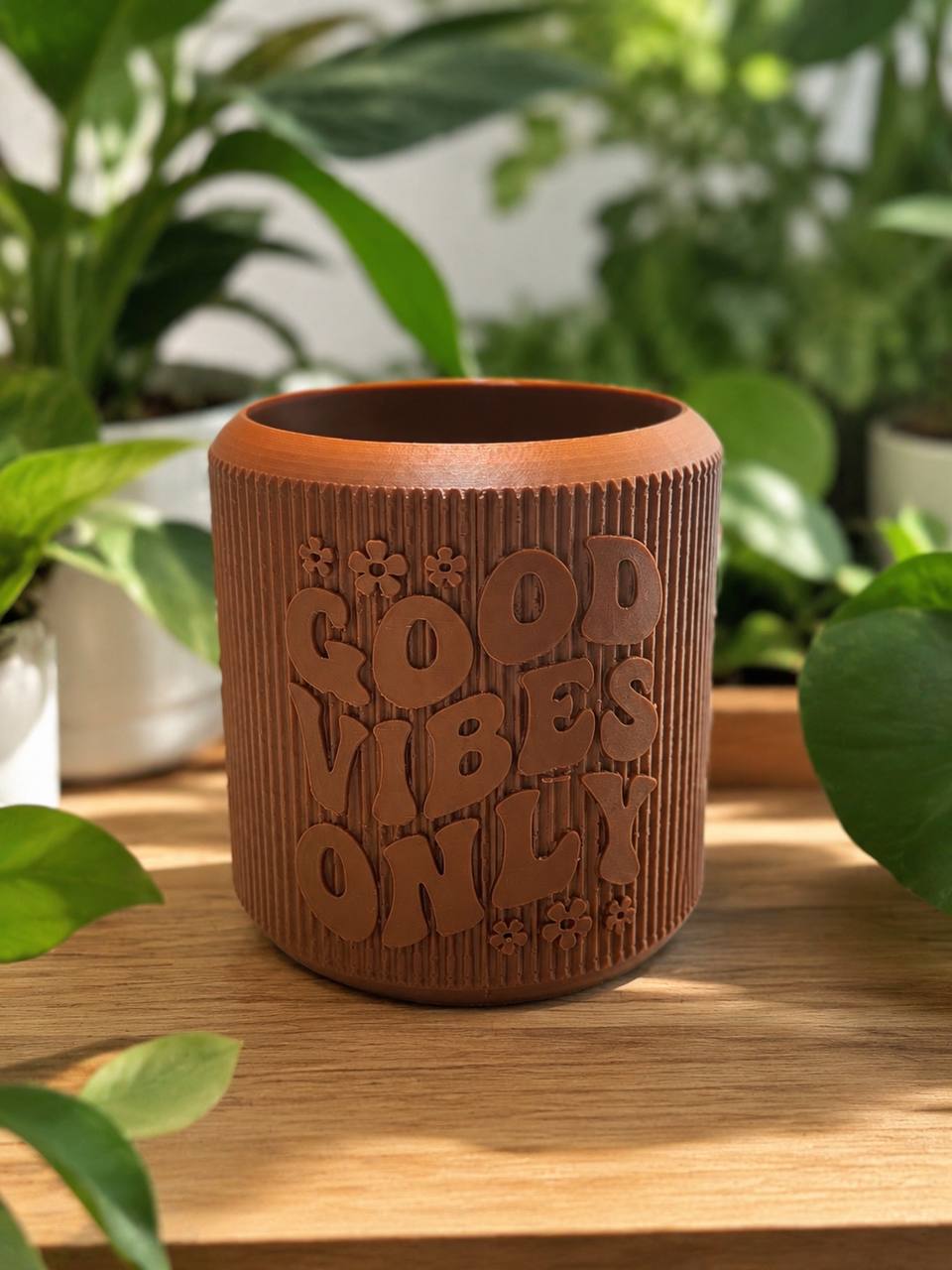 Brown 4.5 inch 3D printed Good Vibes Only pot with raised lettering and floral details