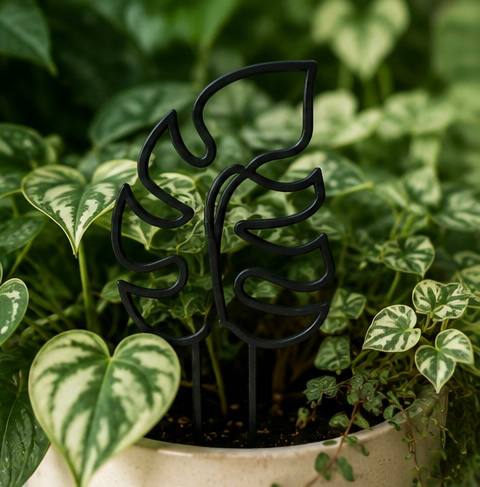 Black 3D printed Monstera leaf plant trellis styled among green houseplant leaves