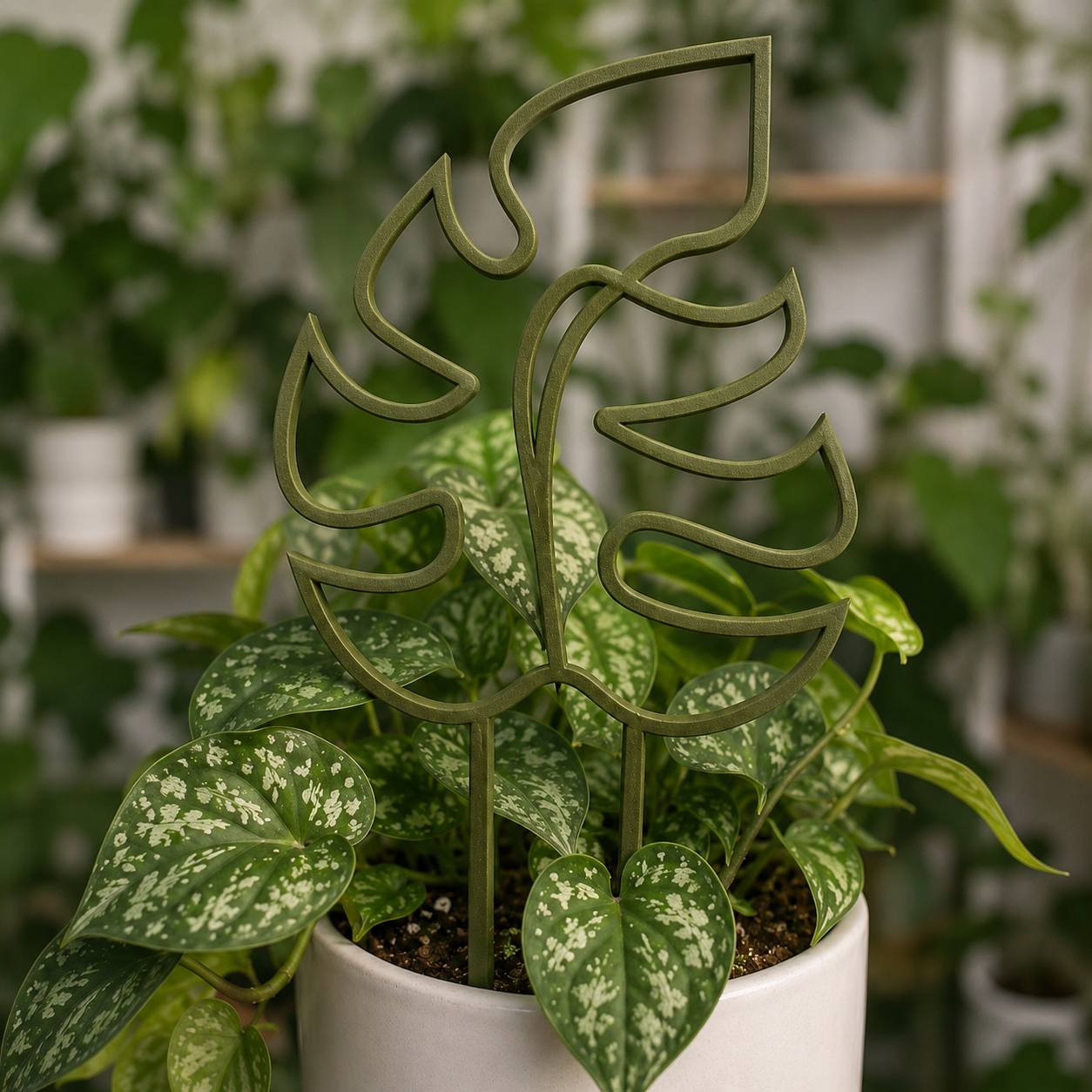 Green 3D printed Monstera leaf plant trellis styled in a potted houseplant