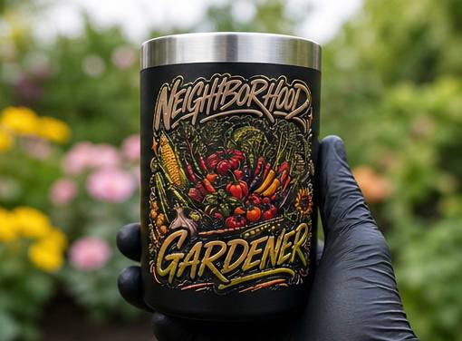 Neighborhood Gardener 12 oz insulated mug with included straw and straw cleaner