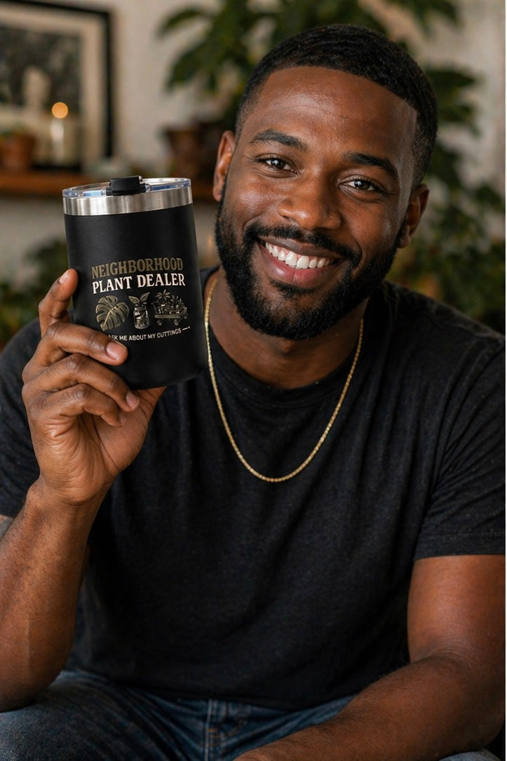 Neighborhood Plant Dealer Minimalistic 12 oz insulated mug with embossed lettering, lid, stainless steel straw and straw cleaner