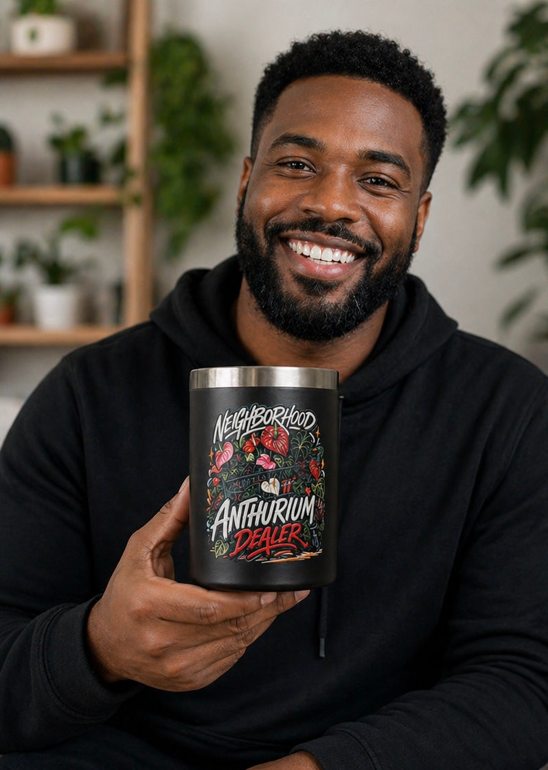 Model holding Neighborhood Anthurium Dealer black insulated mug