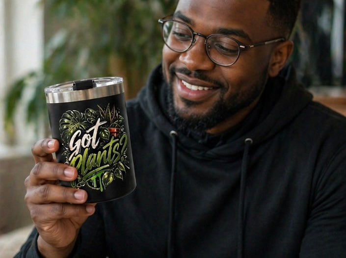 Got Plants? 12 oz black insulated mug with embossed plant lover design, lid, stainless steel straw and straw cleaner - image 2