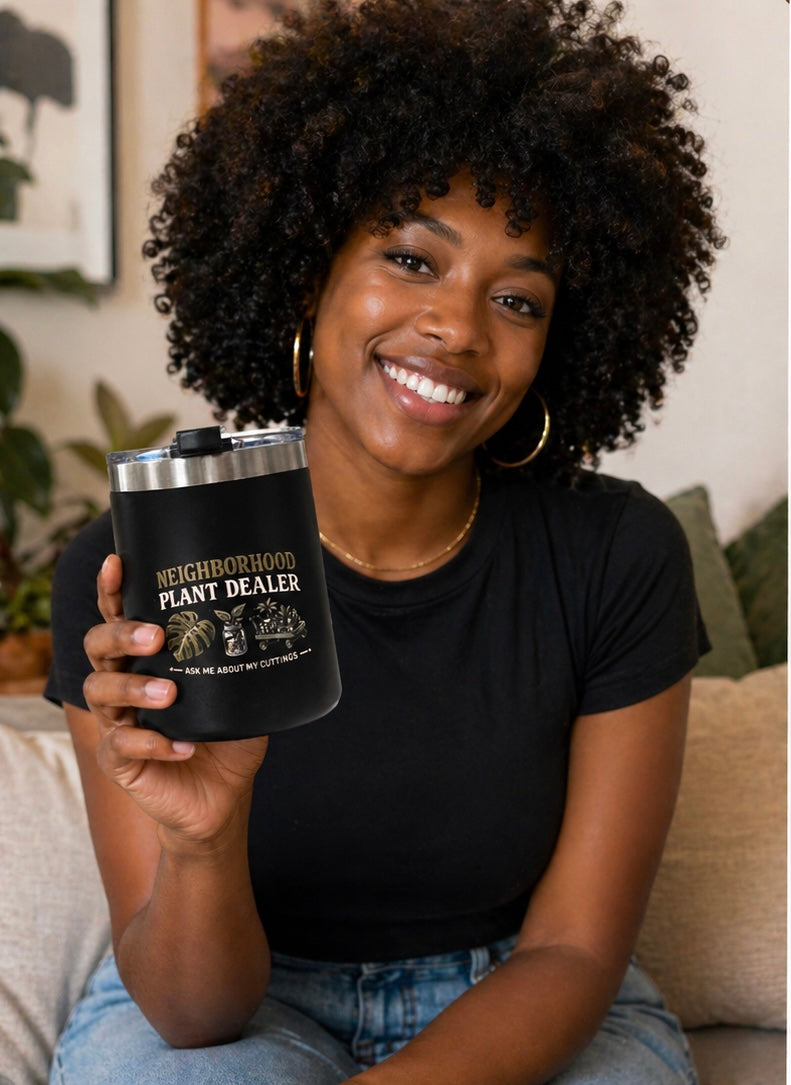 Neighborhood Plant Dealer Minimalistic 12 oz insulated mug with embossed lettering, lid, stainless steel straw and straw cleaner