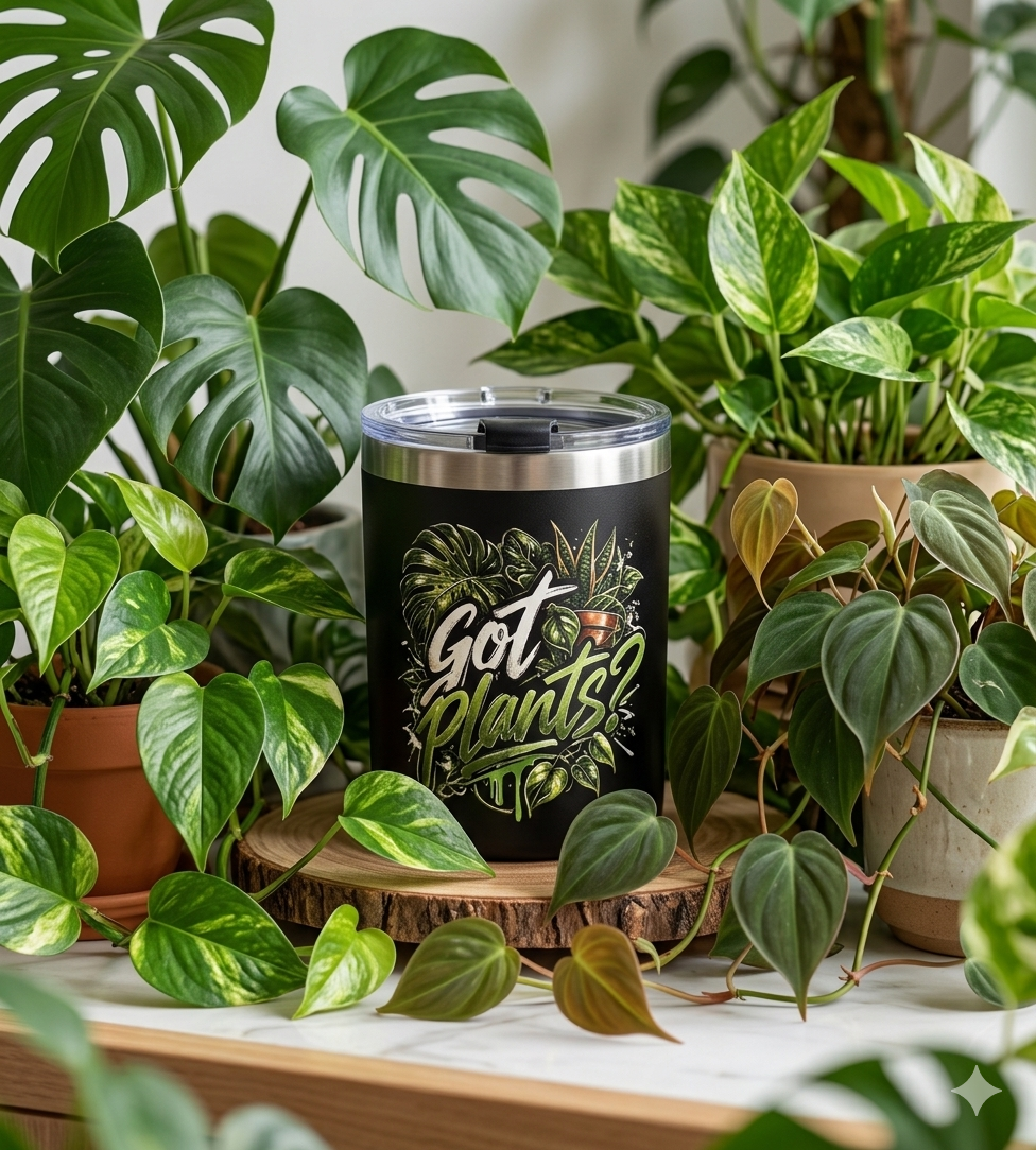 Got Plants? 12 oz black insulated mug with embossed plant lover design, lid, stainless steel straw and straw cleaner - image 1