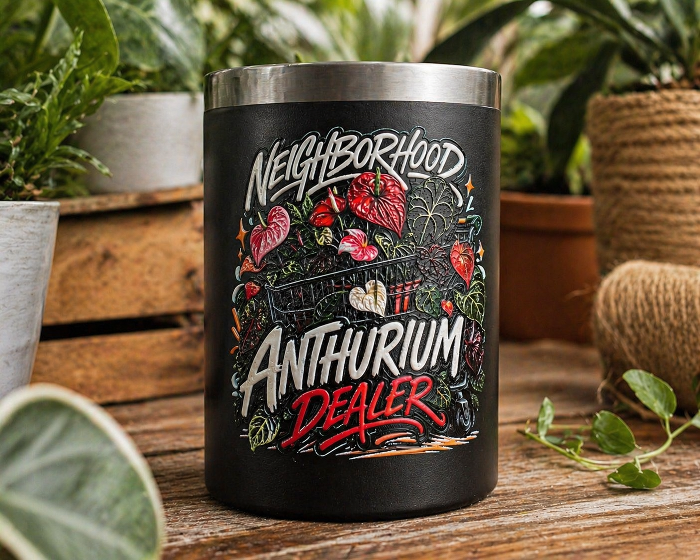 Neighborhood Anthurium Dealer 12 oz black insulated mug with embossed plant design