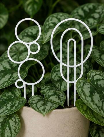 White 3D printed circular plant trellises styled among silver satin pothos leaves