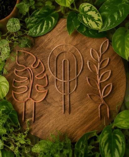 Copper 3D printed plant trellis set displayed on a wood surface with greenery
