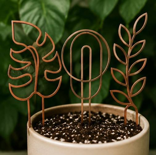 Copper 3D printed plant trellis 3 pack styled in a potted plant