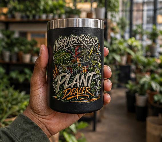Neighborhood Plant Dealer 12 oz insulated mug plant shop close-up