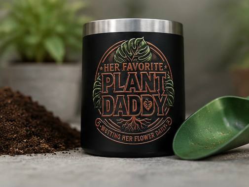 Her Favorite Plant Daddy 12 oz insulated mug front product view with soil and scoop