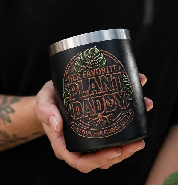 Her Favorite Plant Daddy 12 oz insulated mug held in hand angled view