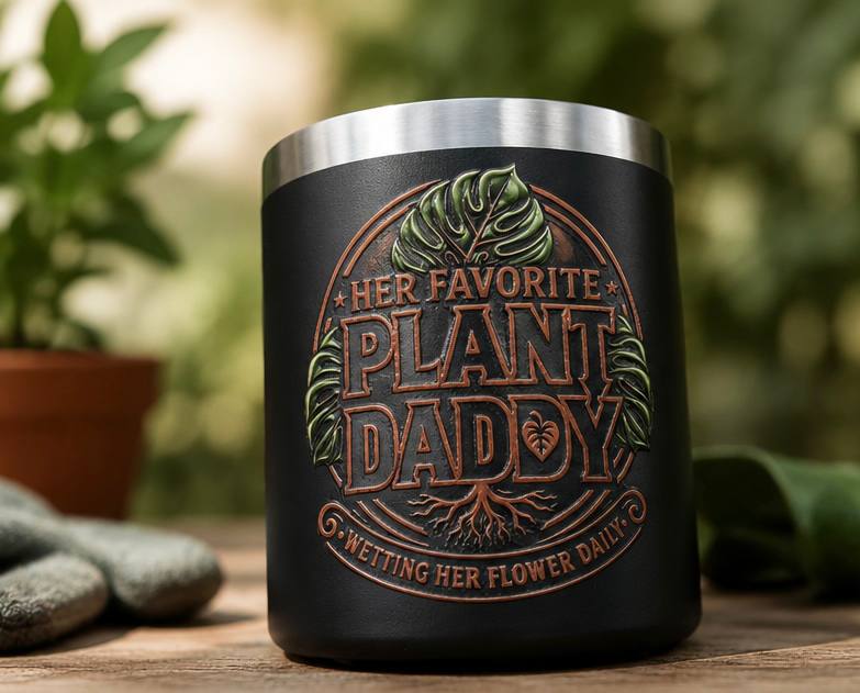 Her Favorite Plant Daddy 12 oz insulated mug close front view with plant styling