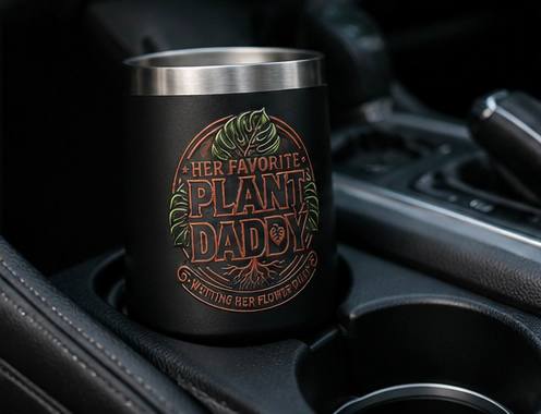 Her Favorite Plant Daddy 12 oz insulated mug in vehicle cup holder