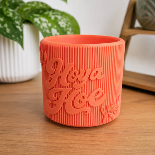 Detroit Plant Mom 3D Printed 3-Inch Hoya Hoe Decorative Pot in orange on a wood shelf — ribbed finish with raised Hoya Hoe lettering and botanical details