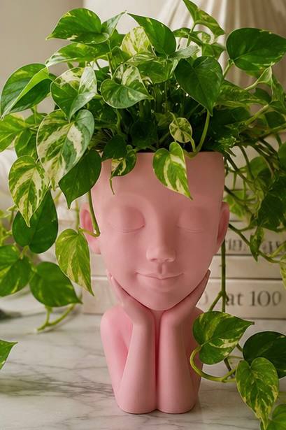 Detroit Plant Mom 3D Printed Unbothered Decorative 5-inch Planter — pink planter styled with trailing pothos