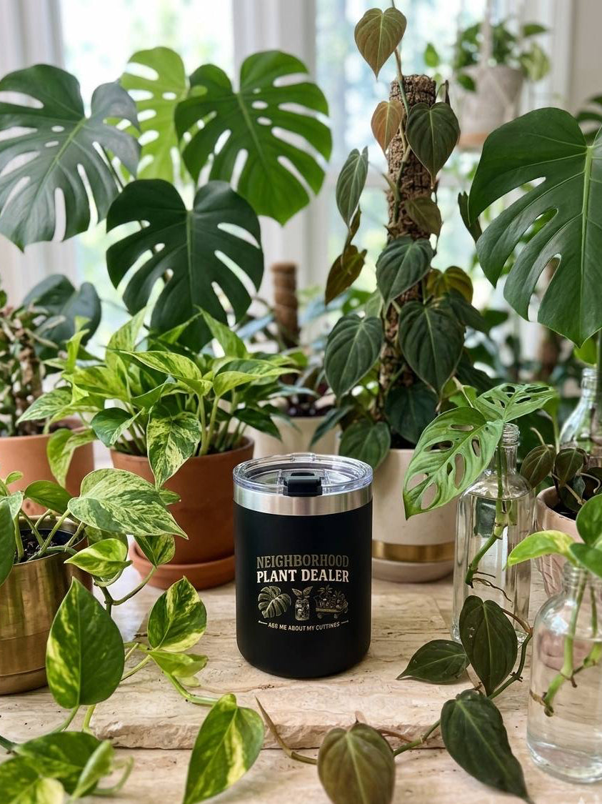 Neighborhood Plant Dealer Minimalistic 12 oz insulated mug with embossed lettering, lid, stainless steel straw and straw cleaner