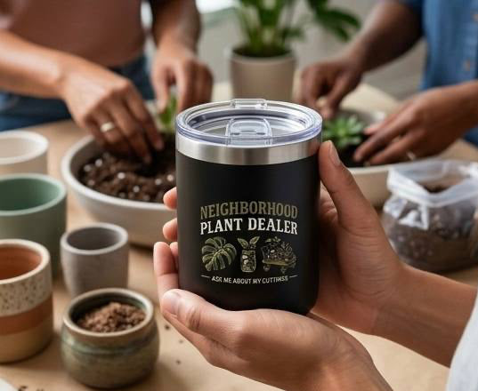 Neighborhood Plant Dealer Minimalistic 12 oz insulated mug with embossed lettering, lid, stainless steel straw and straw cleaner